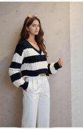 Striped V-Neck Chunky Knit Sweater for Women