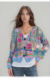 V-Neck Boho Floral Print Long Sleeve Cardigan for Women