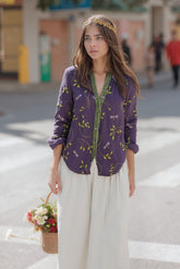 Linen Floral Button-Up Long Sleeve Blouse for Women