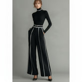 Contrast Stripe Wide-Leg Trouser & Turtleneck Two-Piece Set for Women