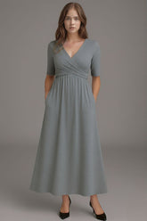 Short-Sleeve Midi Dress with V-Neck for Women