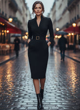 Long-Sleeve Belted Midi Dress for Women