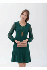 Long-Sleeve A-Line Dress with Lace Detail for Women