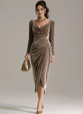 Long Sleeve Draped Satin Midi Dress for Women