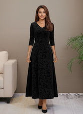 V-Neck Long Sleeve Velvet Floral Midi Dress for Women
