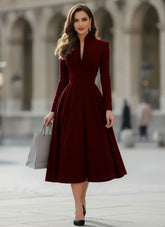 Long Sleeve High Neck A-Line Midi Dress for Women