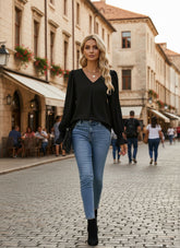 V-Neck Long Sleeve Puff Sleeve Blouse for Women