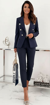 Tailored Double-Breasted Blazer & Slim Fit Trousers Suit Set for Women