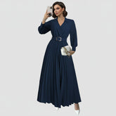 Long Sleeve Belted Pleated Maxi Dress for Women