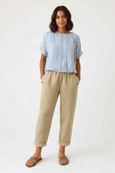 Linen Blend Elastic Waist Tapered Trousers for Women