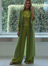 Three-Piece Sheer Longline Jacket, Top & Wide Leg Trousers Co-Ord Set for Women