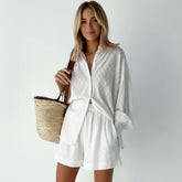 Textured Button-Up Shirt & Elastic Waist Shorts Co-Ord Set for Women
