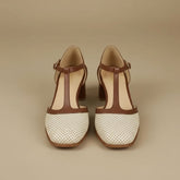 Perforated T-Bar Block Heel Shoes for Women