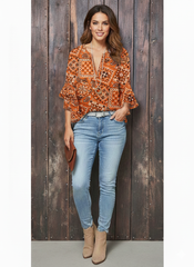 Boho Floral Print Ruffle Sleeve Tunic Blouse for Women