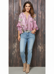 Boho Floral Print Ruffle Sleeve Tunic Blouse for Women