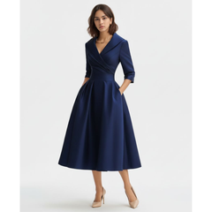 V-Neck Fit and Flare Midi Dress with Long Sleeves for Women