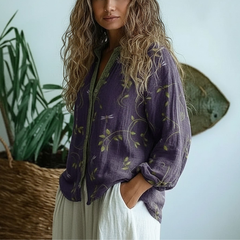 Linen Floral Button-Up Long Sleeve Blouse for Women