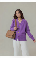 V-Neck Textured Knit Button Front Cardigan for Women