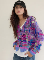 V-Neck Boho Floral Print Long Sleeve Cardigan for Women