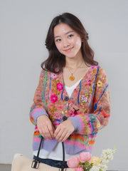 V-Neck Boho Floral Print Long Sleeve Cardigan for Women