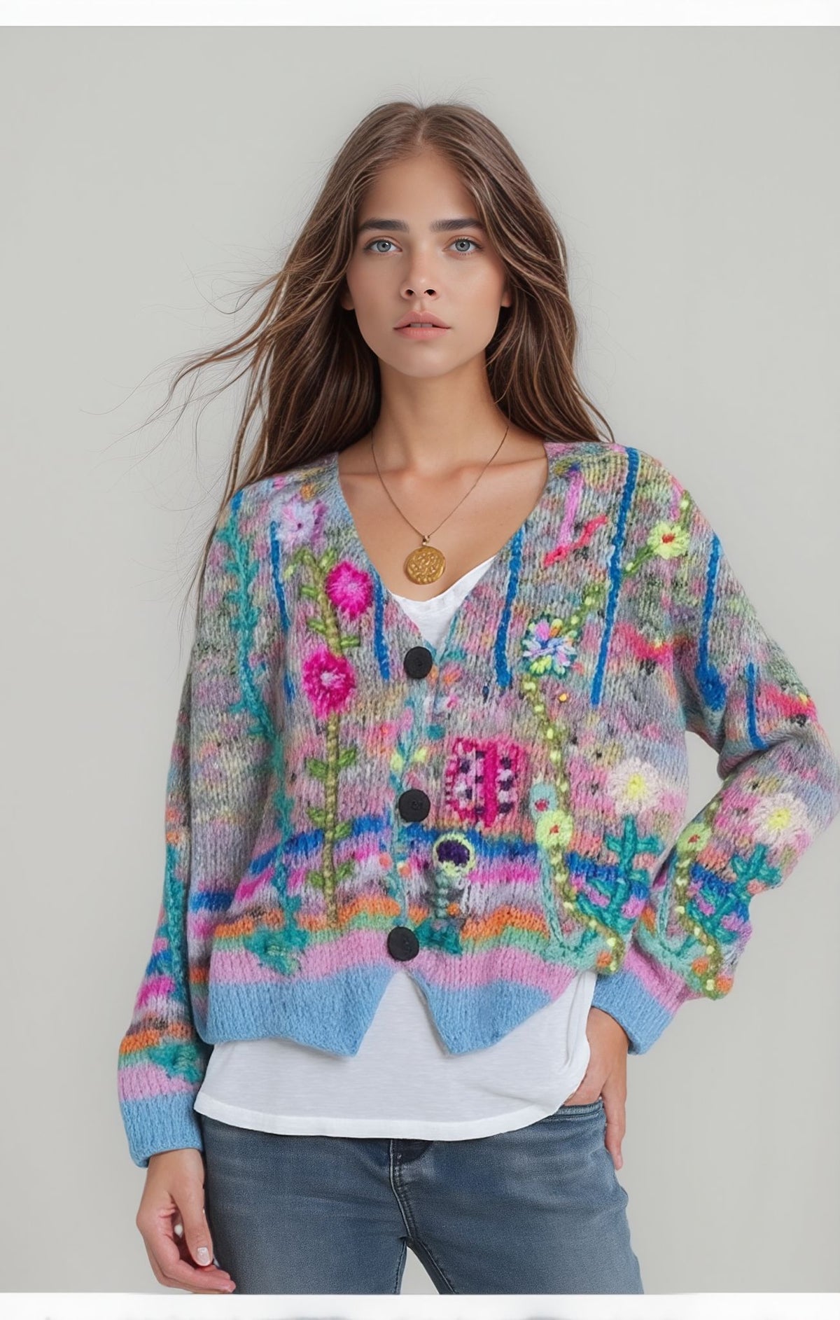 V-Neck Boho Floral Print Long Sleeve Cardigan for Women