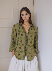 Linen Floral Button-Up Long Sleeve Blouse for Women