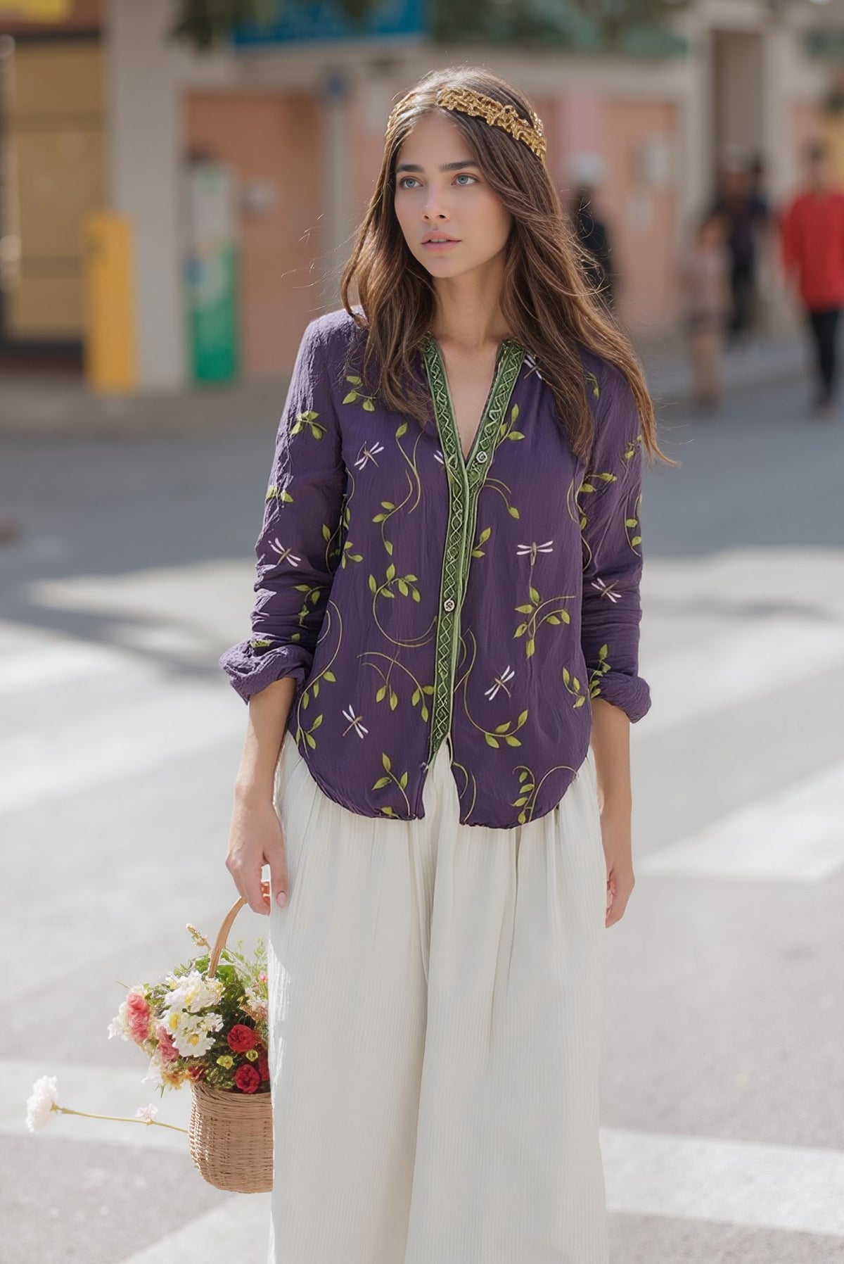 Linen Floral Button-Up Long Sleeve Blouse for Women