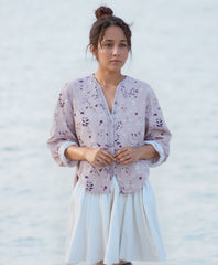 Linen Floral Button-Up Long Sleeve Blouse for Women