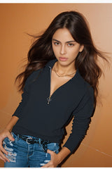 Long Sleeve Zip V-Neck Casual Knit Top for Women