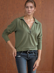 Long Sleeve Zip V-Neck Casual Knit Top for Women