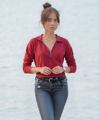 Long Sleeve Zip V-Neck Casual Knit Top for Women