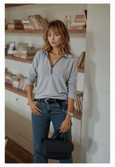 Long Sleeve Zip V-Neck Casual Knit Top for Women