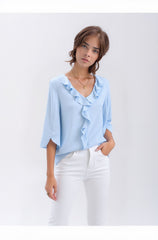 V-Neck Ruffle Trim 3/4 Sleeve Blouse for Women