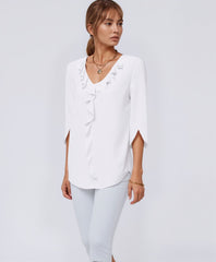 V-Neck Ruffle Trim 3/4 Sleeve Blouse for Women