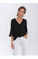 V-Neck Ruffle Trim 3/4 Sleeve Blouse for Women