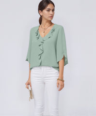 V-Neck Ruffle Trim 3/4 Sleeve Blouse for Women