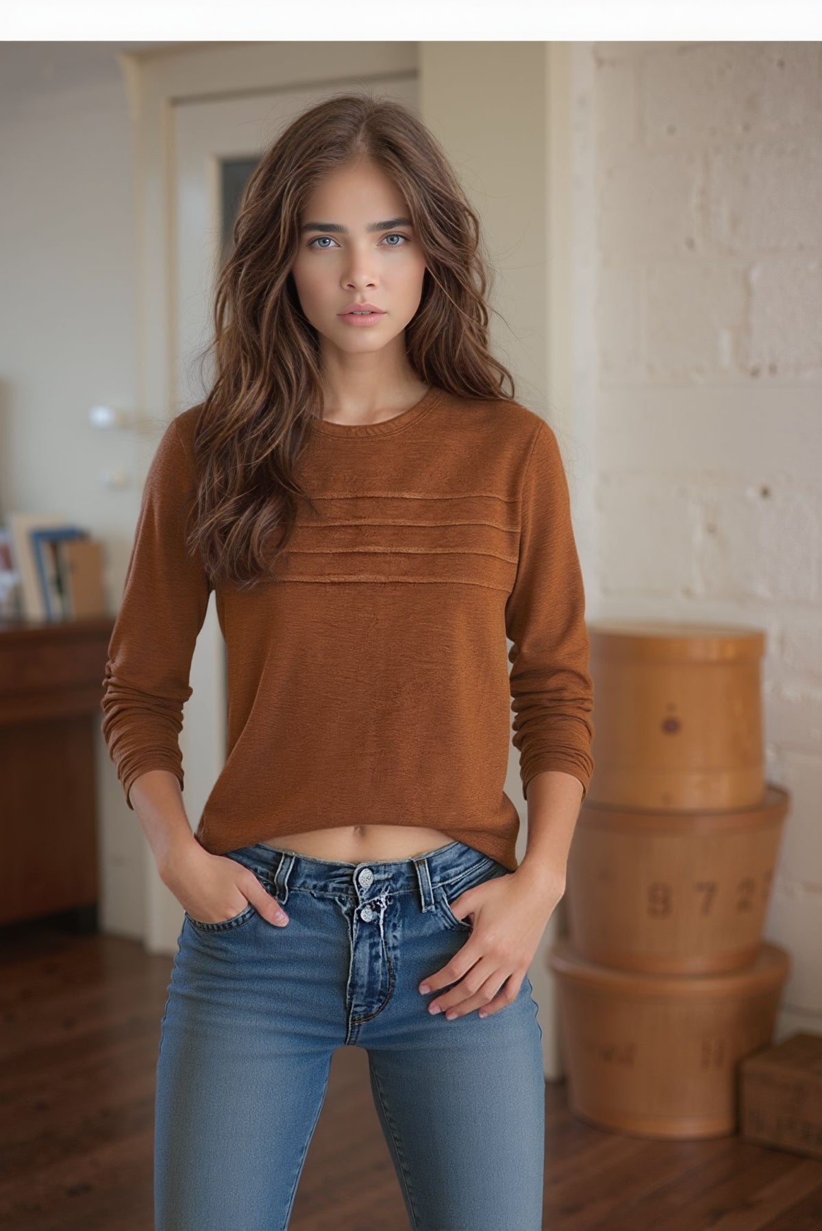 Long Sleeve Textured Knit Crew Neck Top for Women