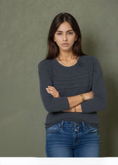 Long Sleeve Textured Knit Crew Neck Top for Women