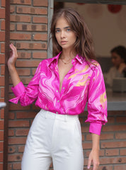 Long-Sleeve Satin Marble-Print Button Blouse for Women