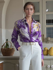 Long-Sleeve Satin Marble-Print Button Blouse for Women