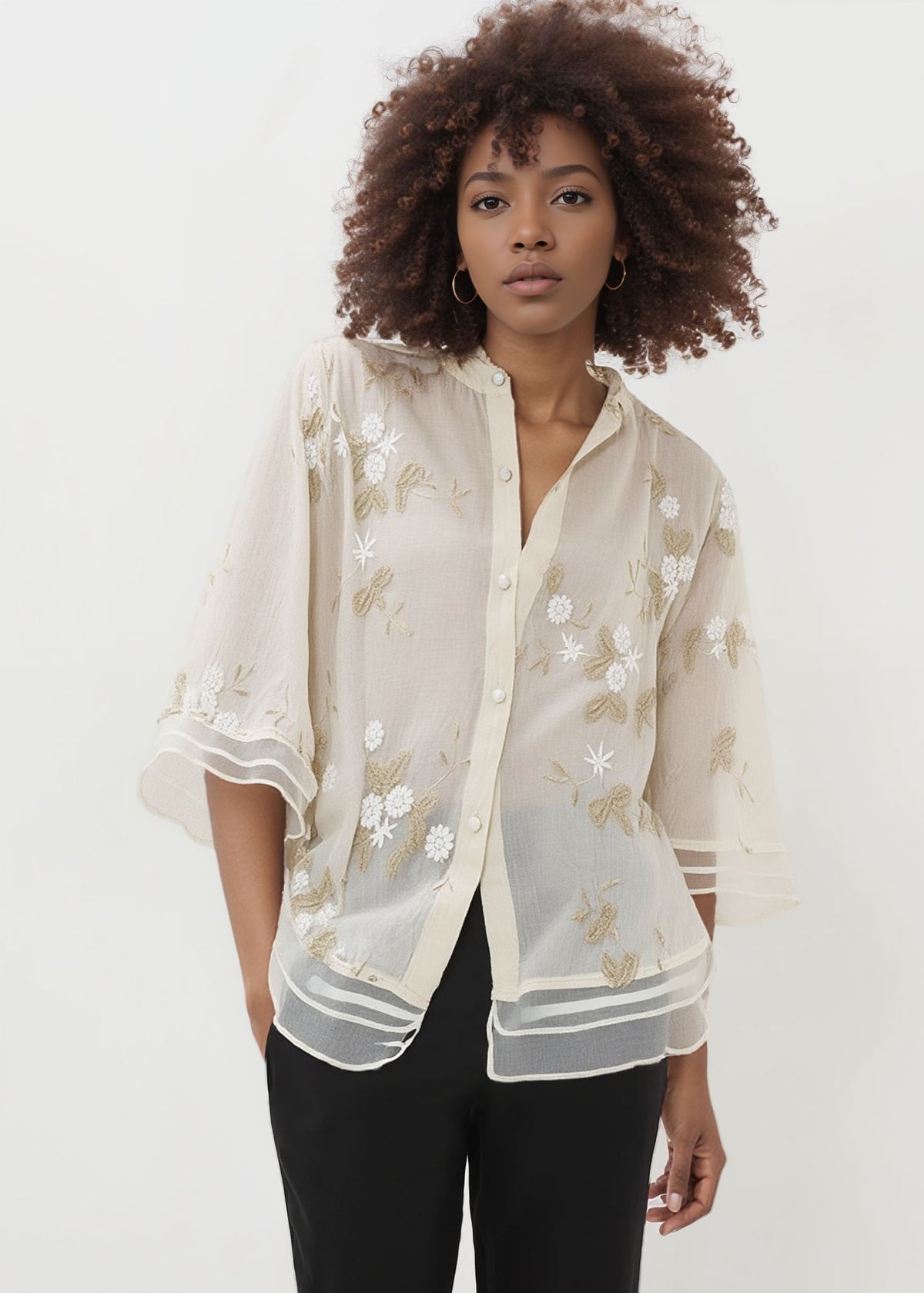 Sheer Floral Embroidered Button-Up Blouse for Women