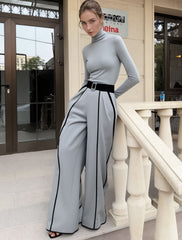 Contrast Stripe Wide-Leg Trouser & Turtleneck Two-Piece Set for Women