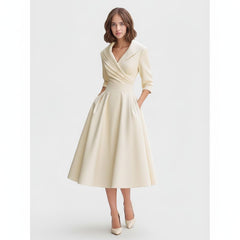 V-Neck Fit and Flare Midi Dress with Long Sleeves for Women