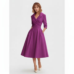 V-Neck Fit and Flare Midi Dress with Long Sleeves for Women