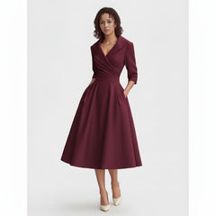 V-Neck Fit and Flare Midi Dress with Long Sleeves for Women