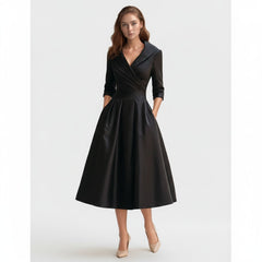 V-Neck Fit and Flare Midi Dress with Long Sleeves for Women