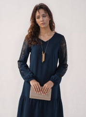 Long-Sleeve A-Line Dress with Lace Detail for Women