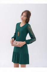 Long-Sleeve A-Line Dress with Lace Detail for Women