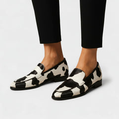 Cow Print Loafers with Black & White Pattern for Women
