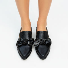 Black Textured Loafers with Oversized Bow for Women